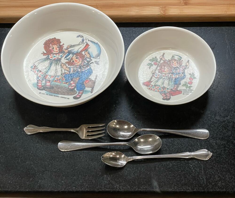 VTG Raggedy Ann and Andy Bowl set with SS Utensils
